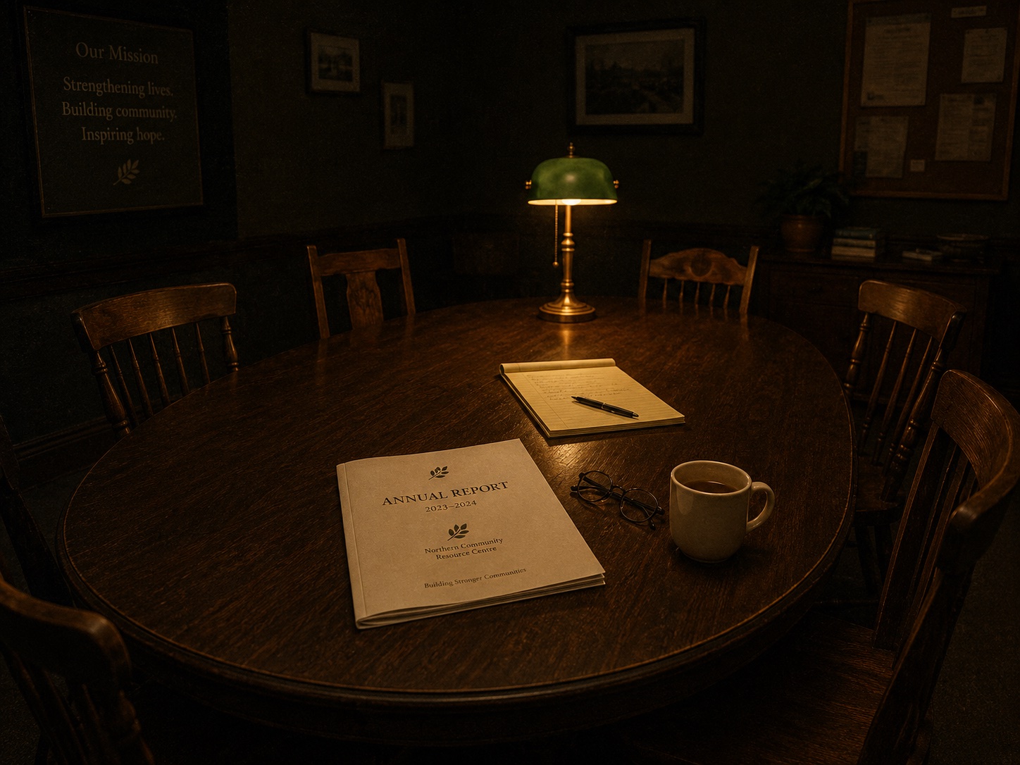 A modest board-meeting room with a banker's lamp