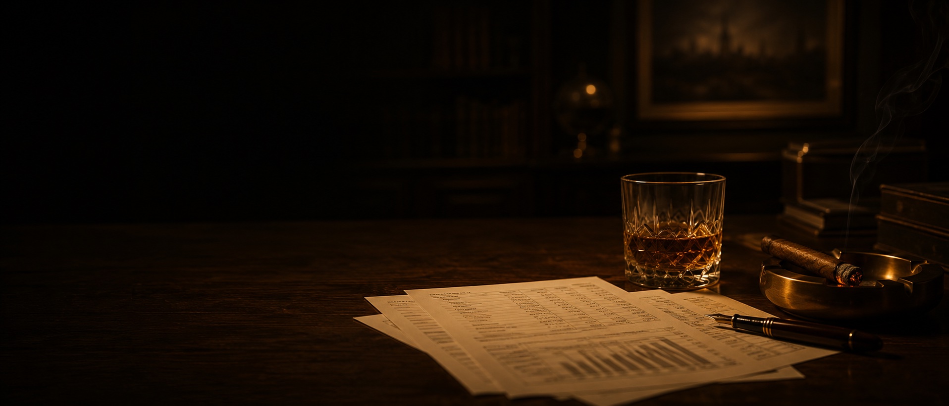 A walnut desk at night — scattered cash-flow statements and a lamp