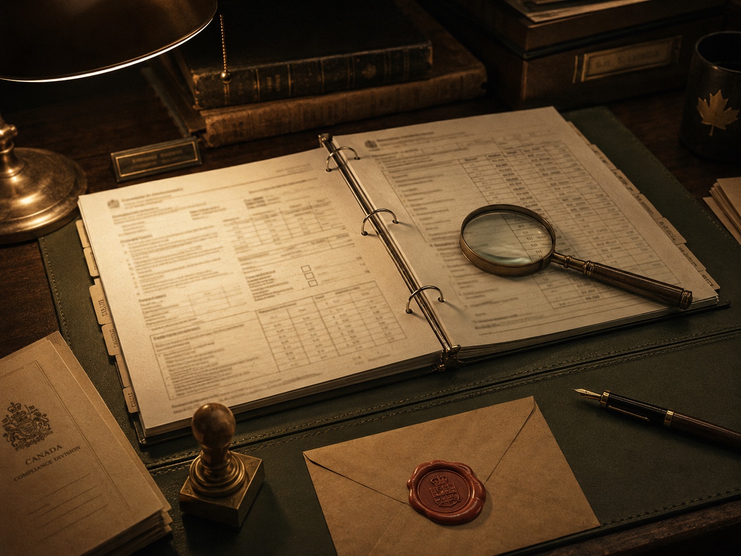 A compliance officer's desk with regulatory forms, a wax-sealed envelope, and a brass stamp